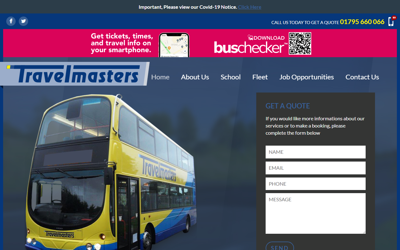 Travel Masters website screenshot showing their bus services and timetable information