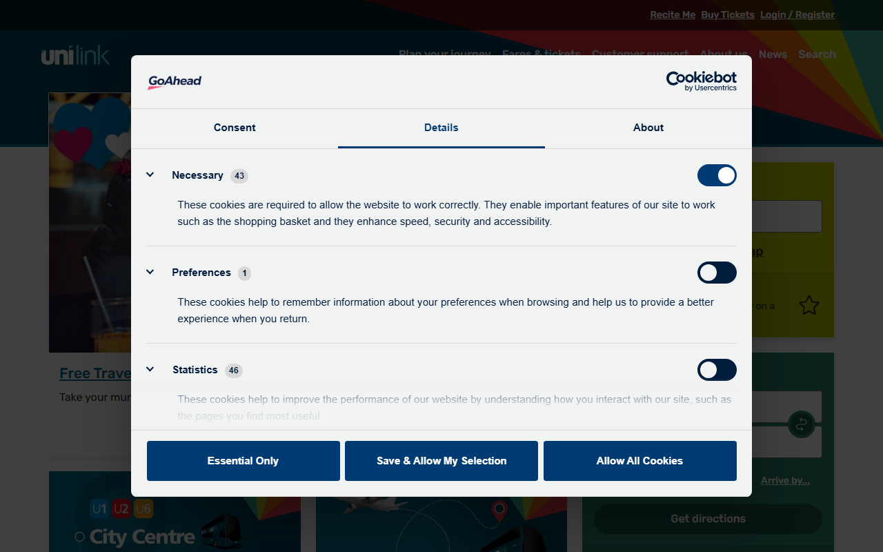 Unilink website screenshot showing their bus services and timetable information