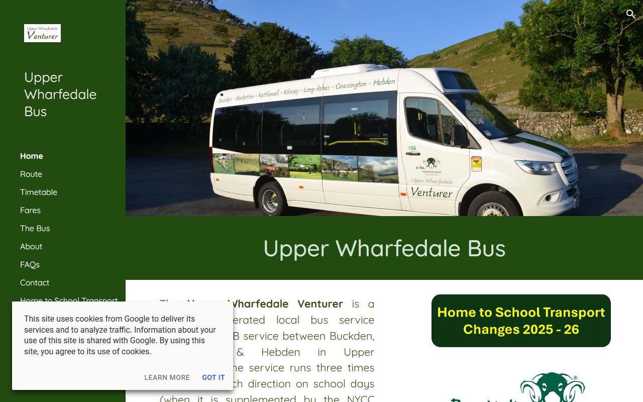 Upper Wharfedale Comm website screenshot showing their bus services and timetable information