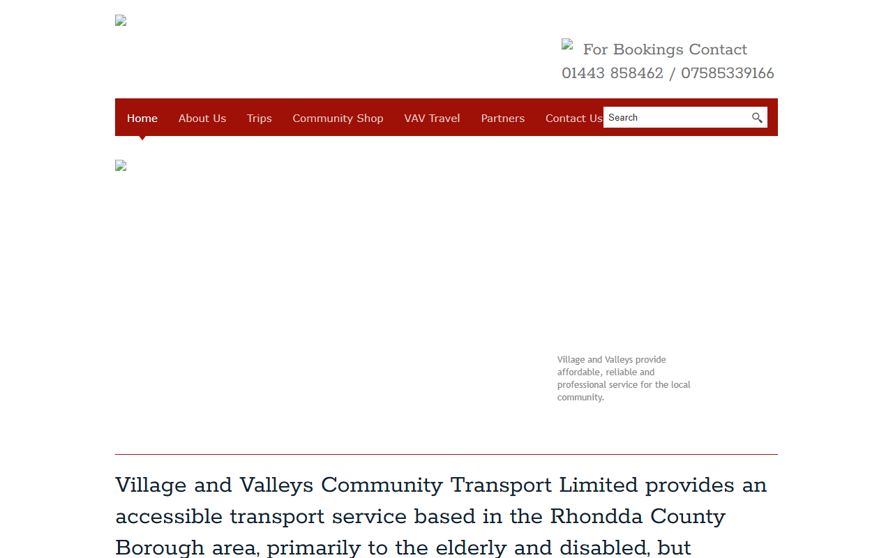 Village and Valleys website screenshot showing their bus services and timetable information