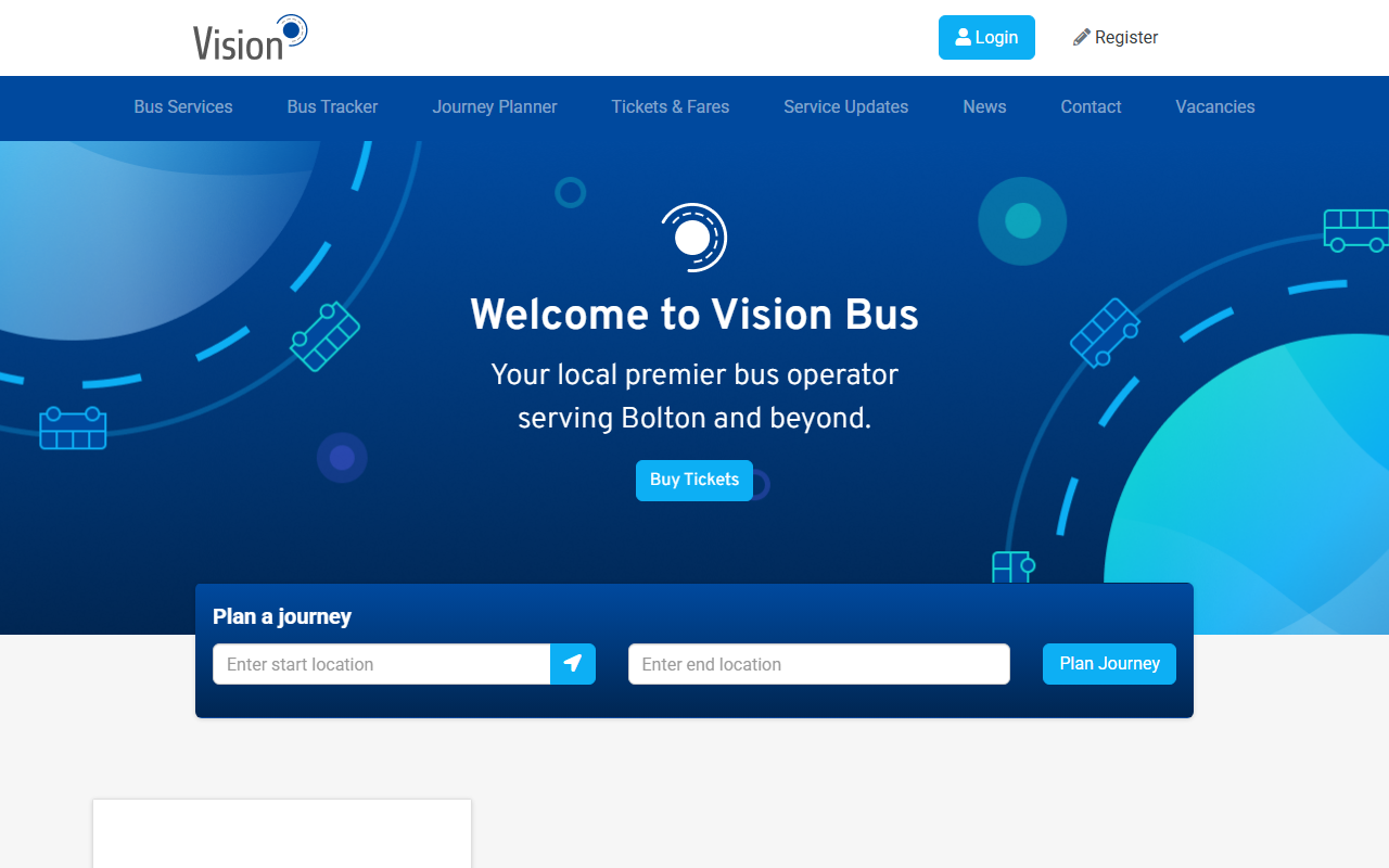 Vision Bus website screenshot showing their bus services and timetable information