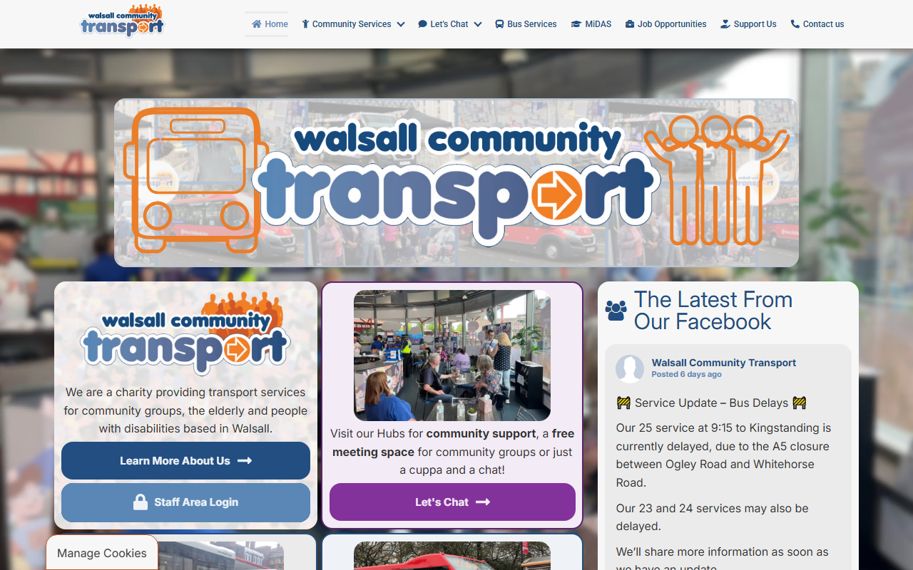 Walsall Community Transport website screenshot showing their bus services and timetable information
