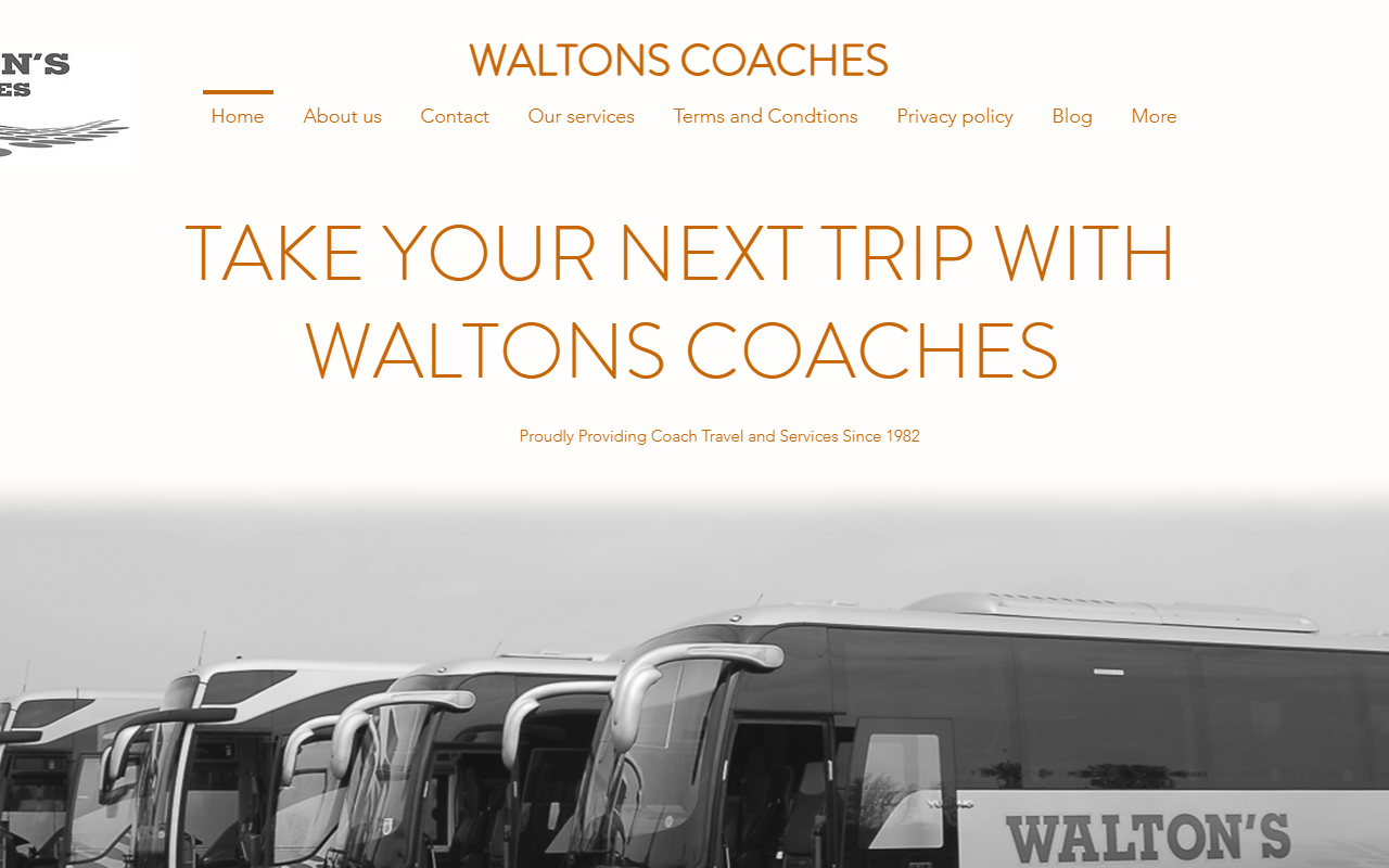 Waltons Coach Hire Ltd website screenshot showing their bus services and timetable information