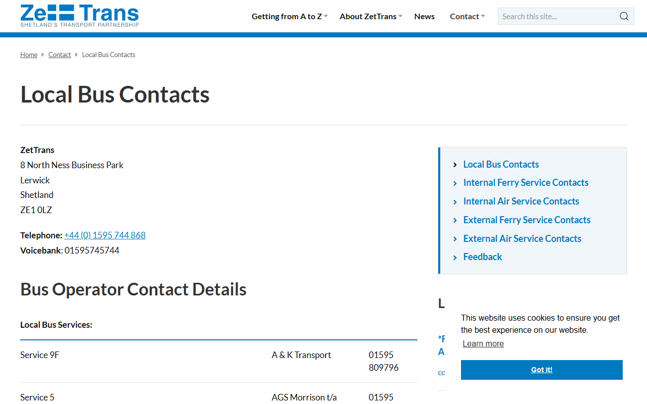 Wastbus website screenshot showing their bus services and timetable information