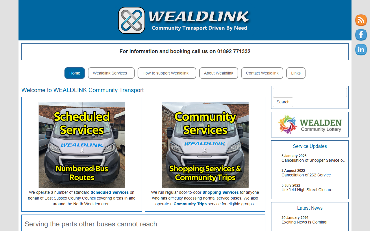 Wealdlink Community Tran website screenshot showing their bus services and timetable information