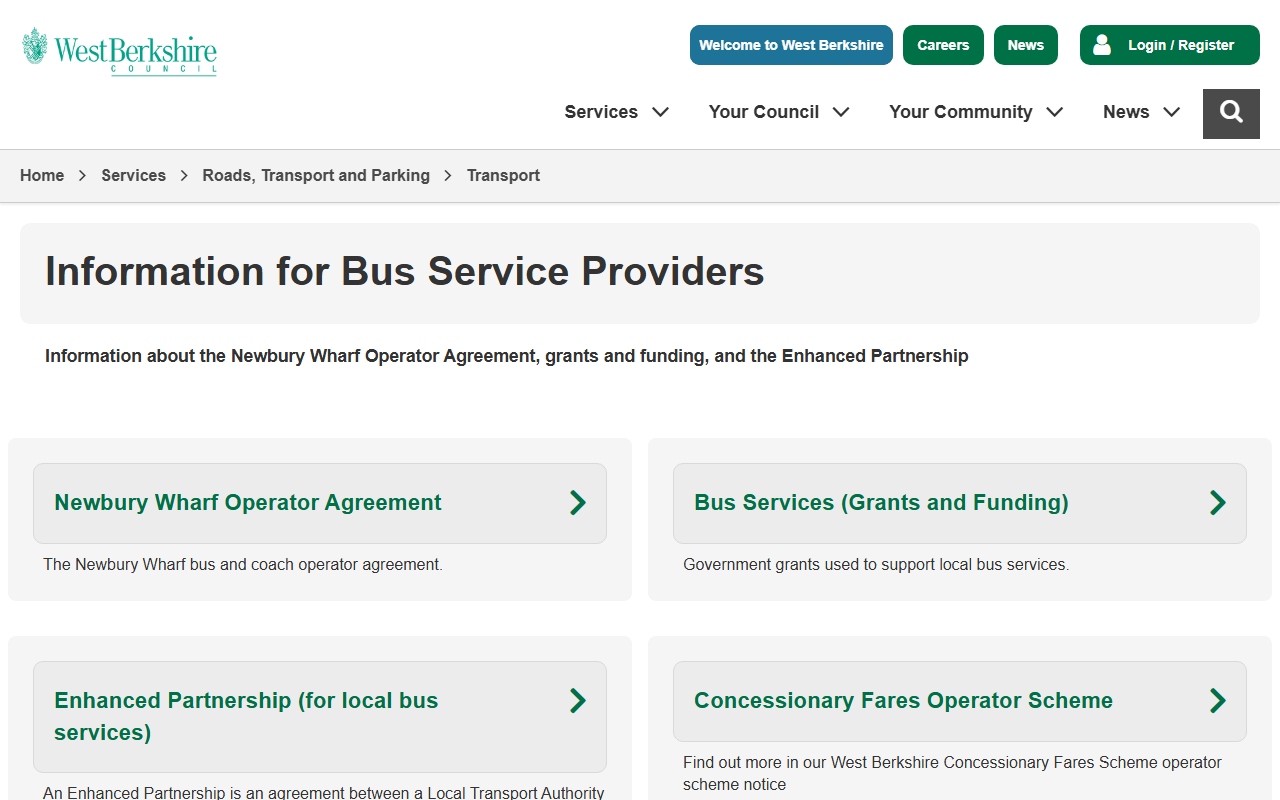 West Berkshire Council (UILTA) website screenshot showing their bus services and timetable information