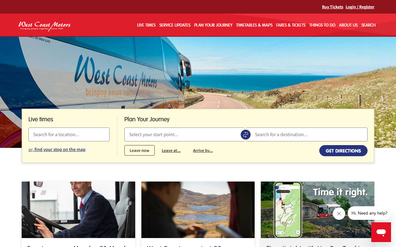 West Coast Motors website screenshot showing their bus services and timetable information