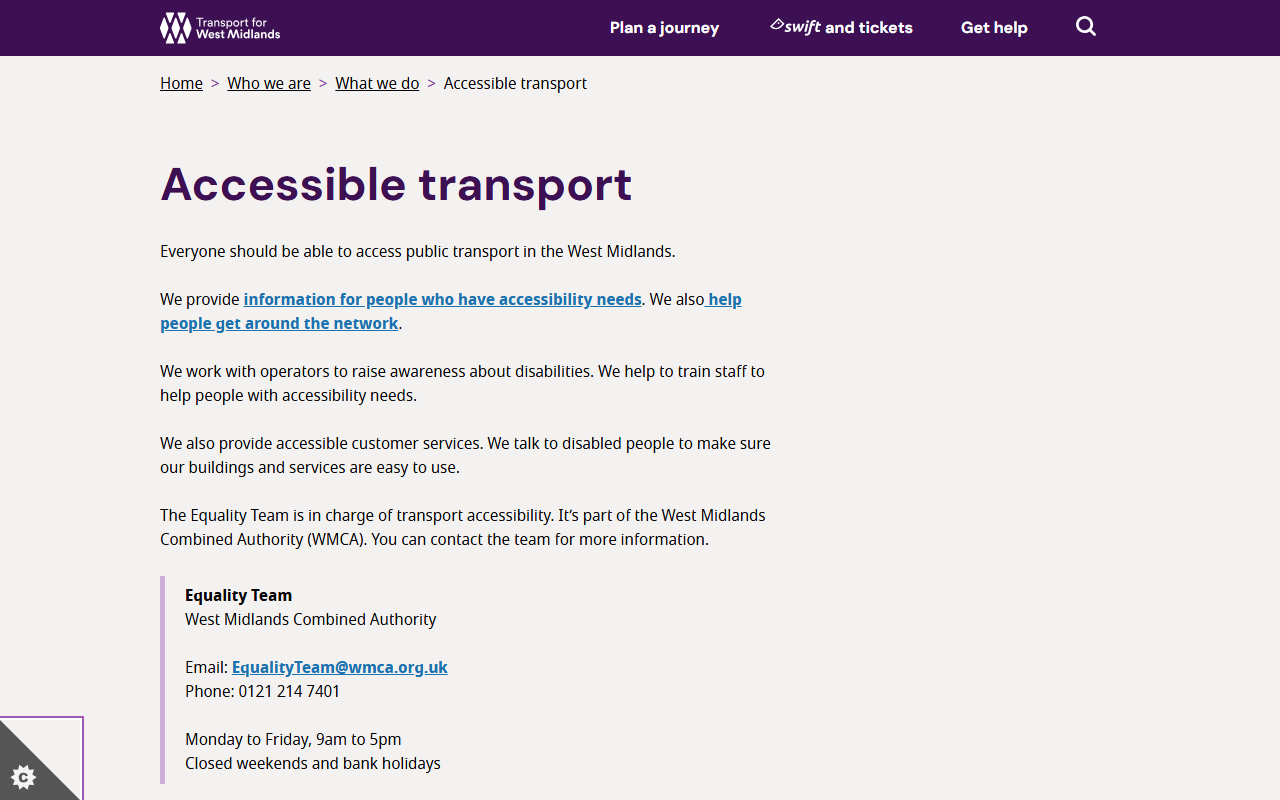 West Midlands Accessible Transport LTD website screenshot showing their bus services and timetable information