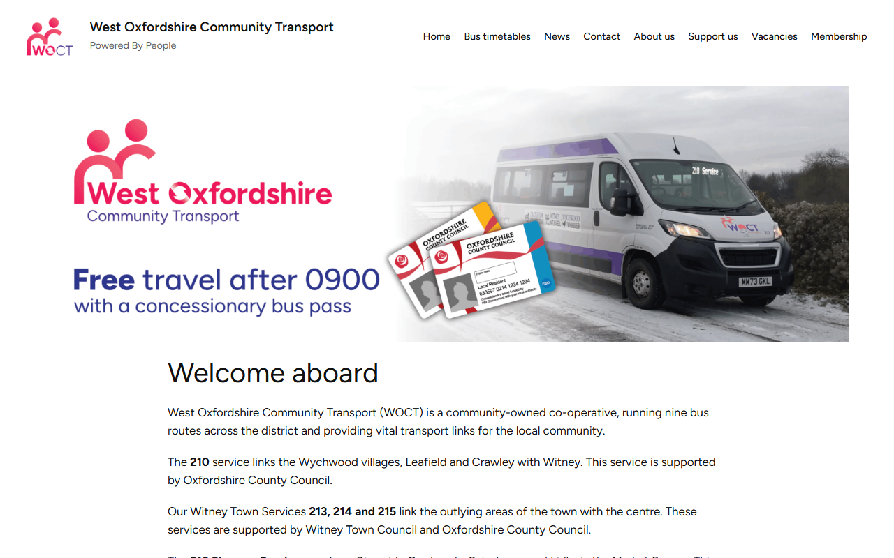 West Oxfordshire Community Transport website screenshot showing their bus services and timetable information