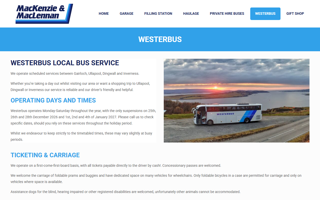 Westerbus website screenshot showing their bus services and timetable information