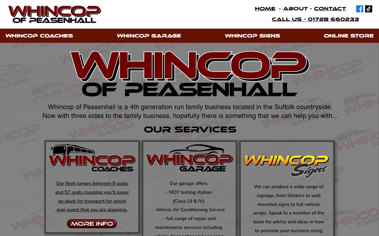 Whincop Coaches website screenshot showing their bus services and timetable information