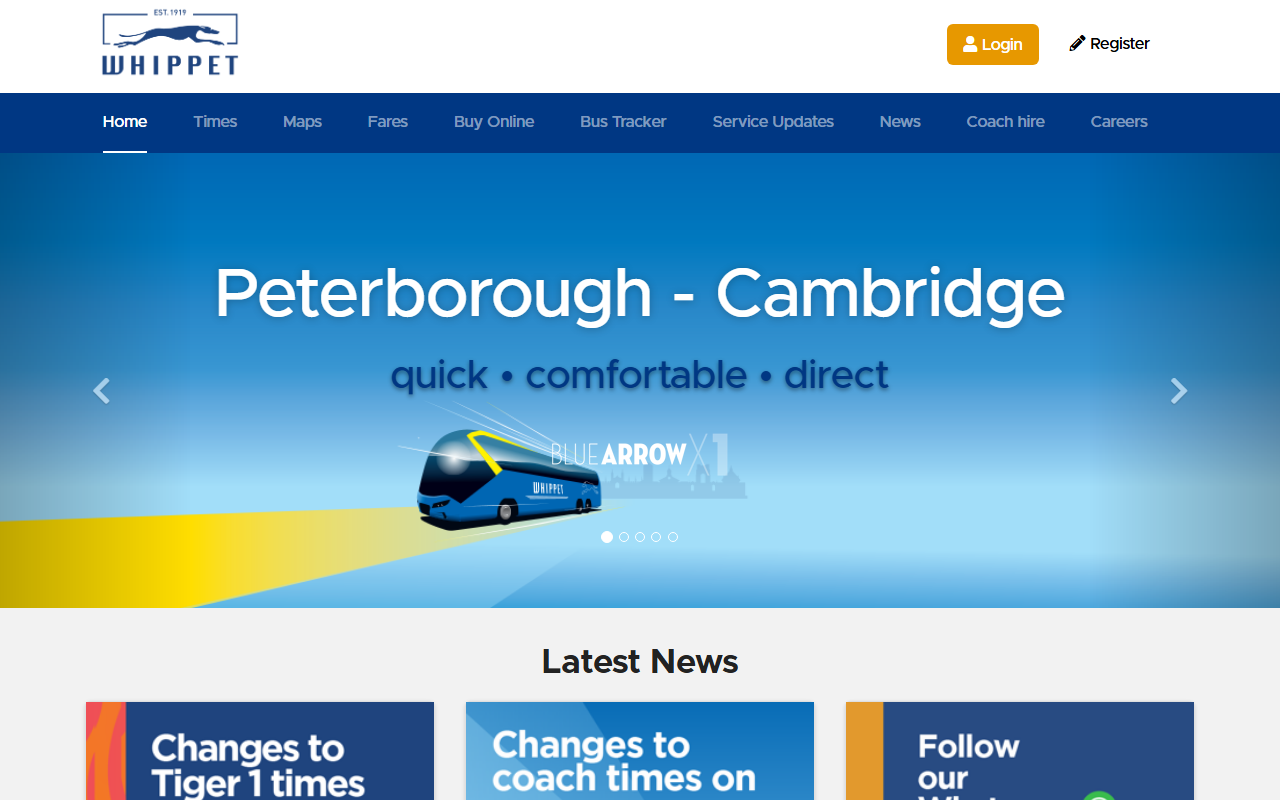 Whippet Coaches website screenshot showing their bus services and timetable information