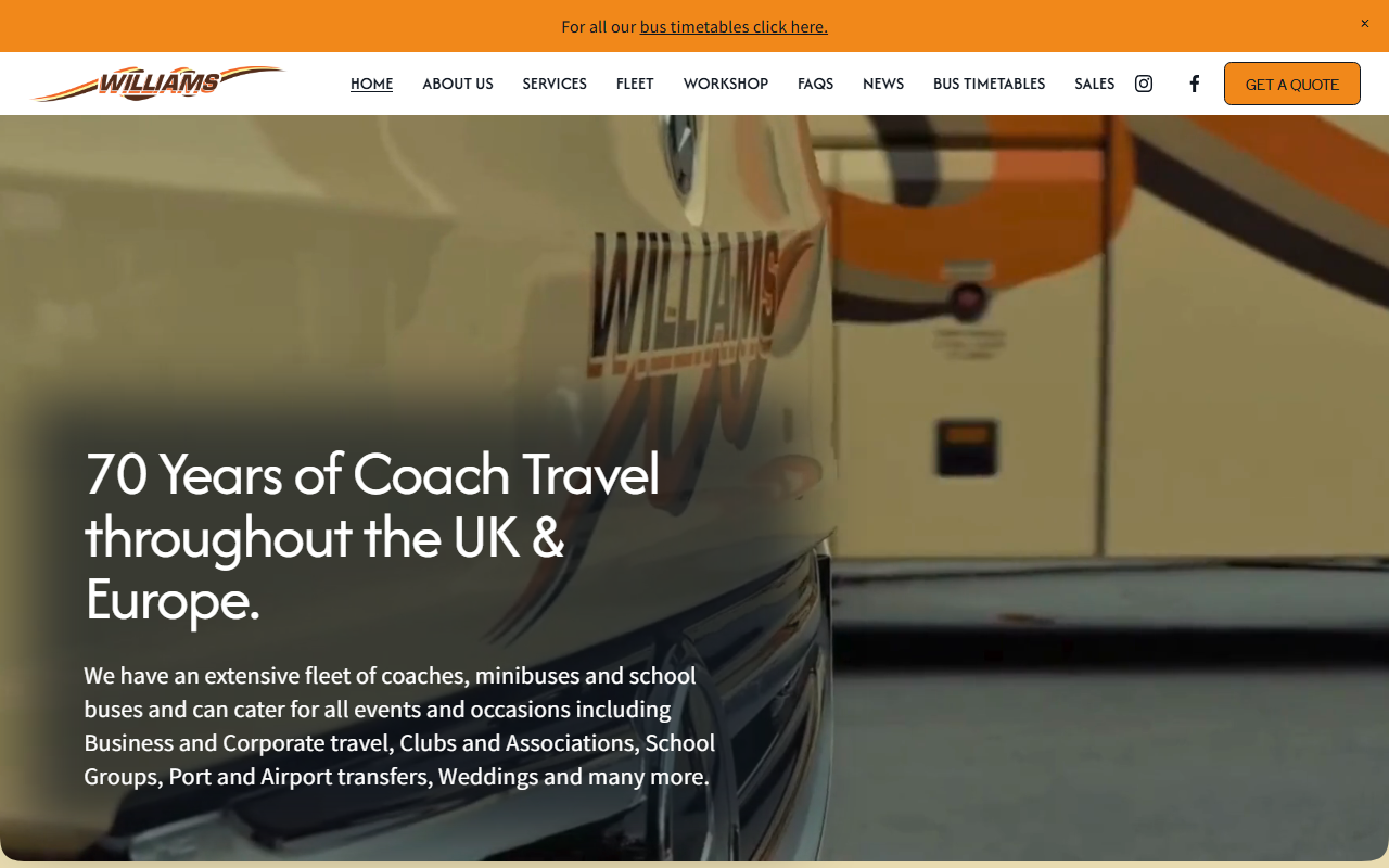 Williams Coaches website screenshot showing their bus services and timetable information