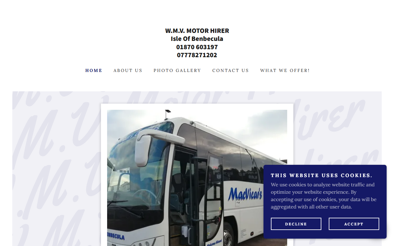 WMV Motor Hirer website screenshot showing their bus services and timetable information