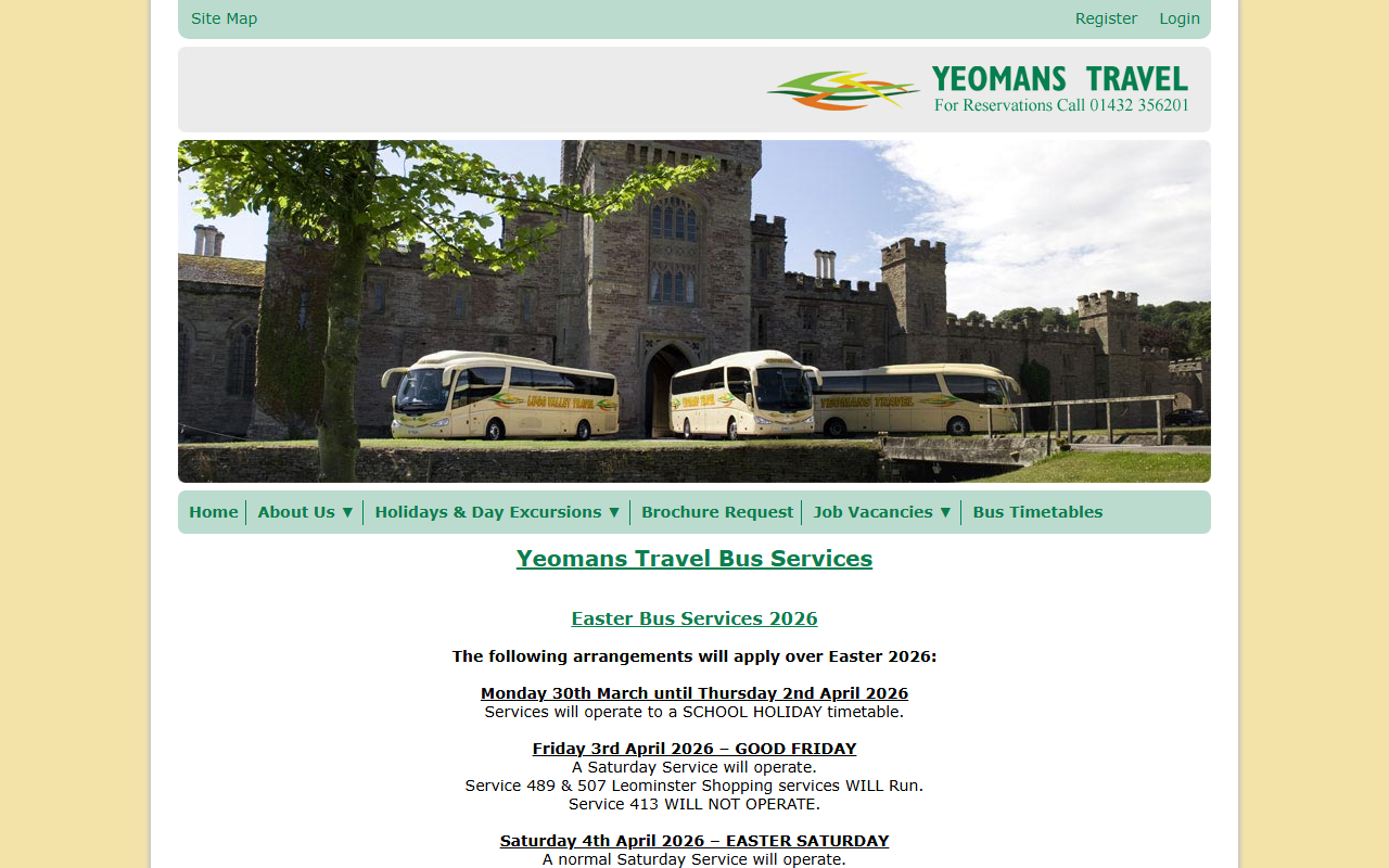 Yeomans Travel website screenshot showing their bus services and timetable information