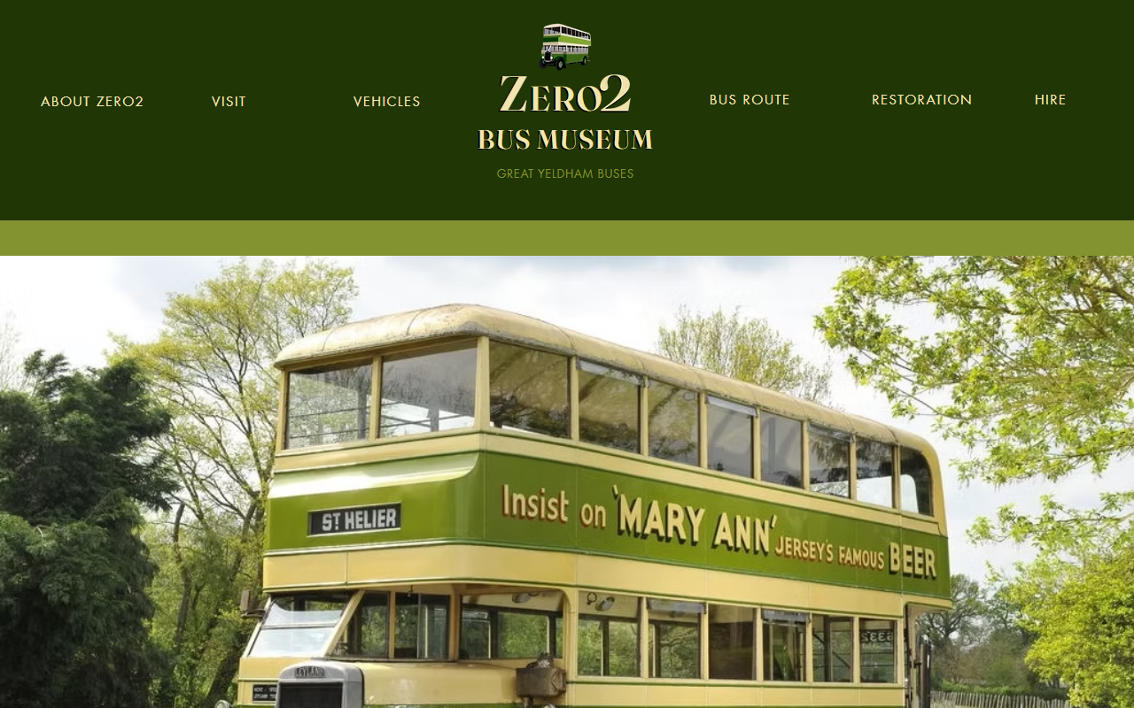 Zero2 Bus Museum Ltd website screenshot showing their bus services and timetable information